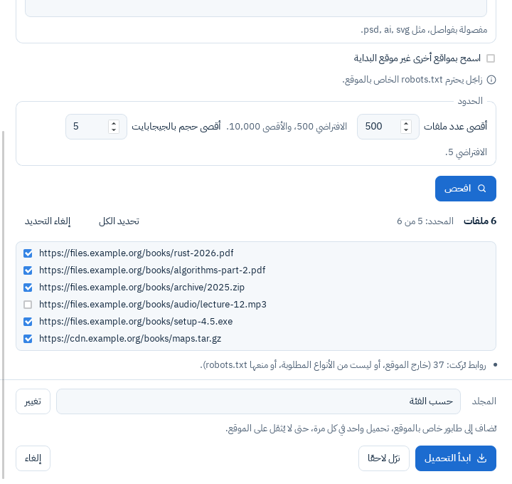 نافذة تحميل الموقع: صفحة البداية والعمق وأنواع الملفات والحدود، وزر افحص